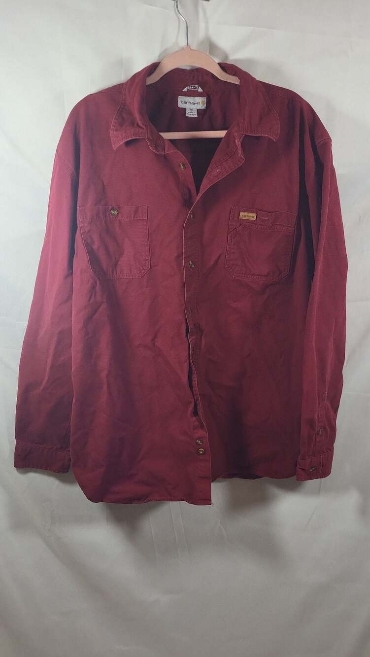 Vintage Carhartt Long Sleeve Cotton Canvas Button Up Work Shirt Dark Red Men's 2